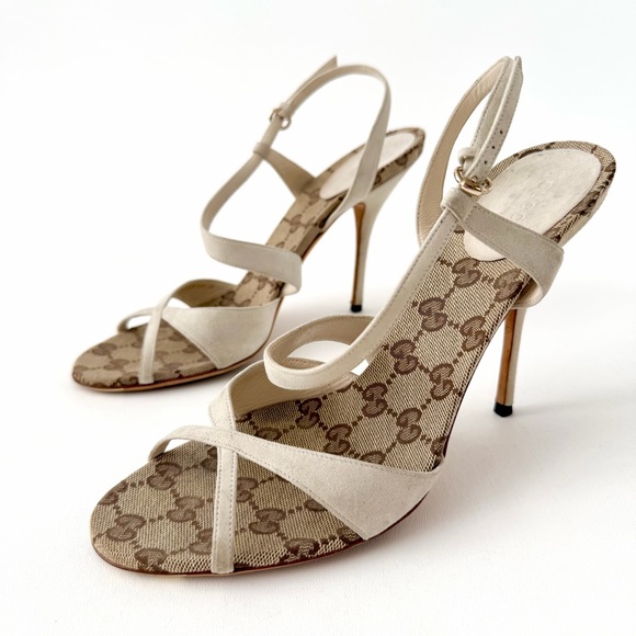 GUCCIGG Monogram Canvas Suede Strappy Heels Size 10B Y2K